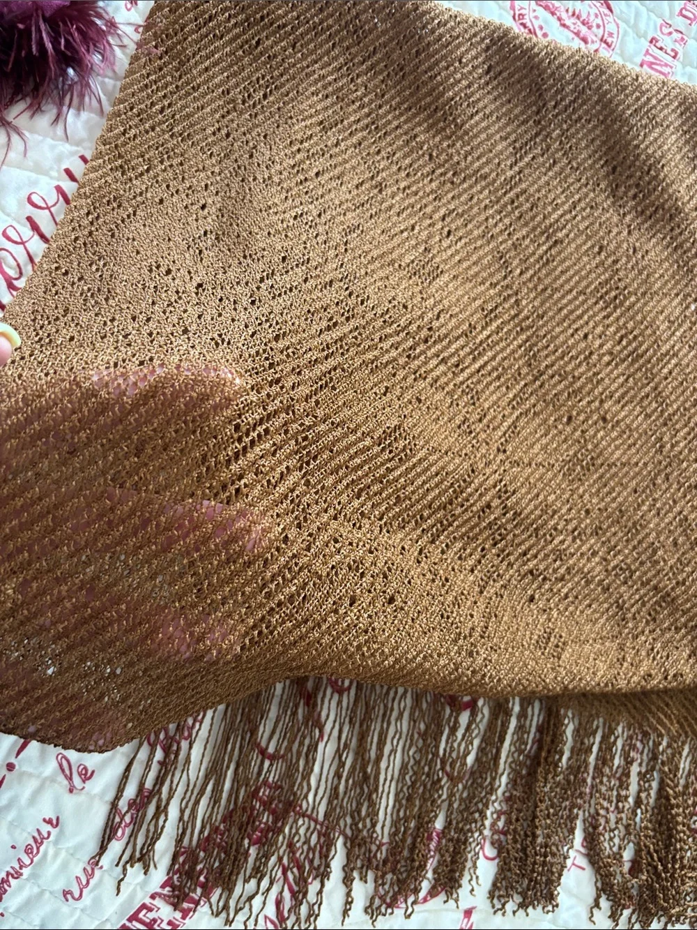 Vintage Wraps/Scarf Bundle: Burgundy Velvet Fringe/Feather & Copper Fringe Wrap